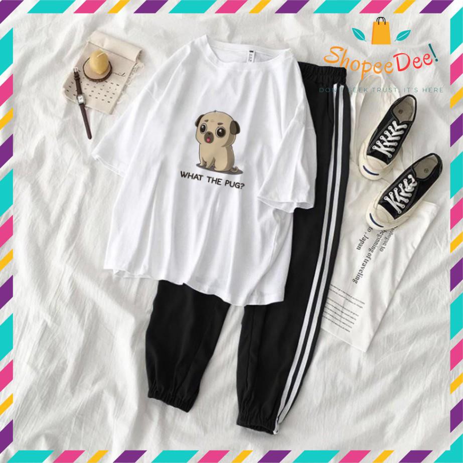 Set Jogger Line Phối Thun Unisex Quần ống bo Áo thun in Chó Pug  chất liệu cotton dành cho cả Nam và Nữ