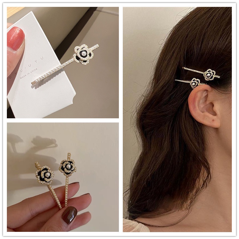 1 Kẹp Tóc Hình Hoa Trà Đen Đính Ngọc Trai Giả Phong Cách Retro Pháp Dành Cho Nữ