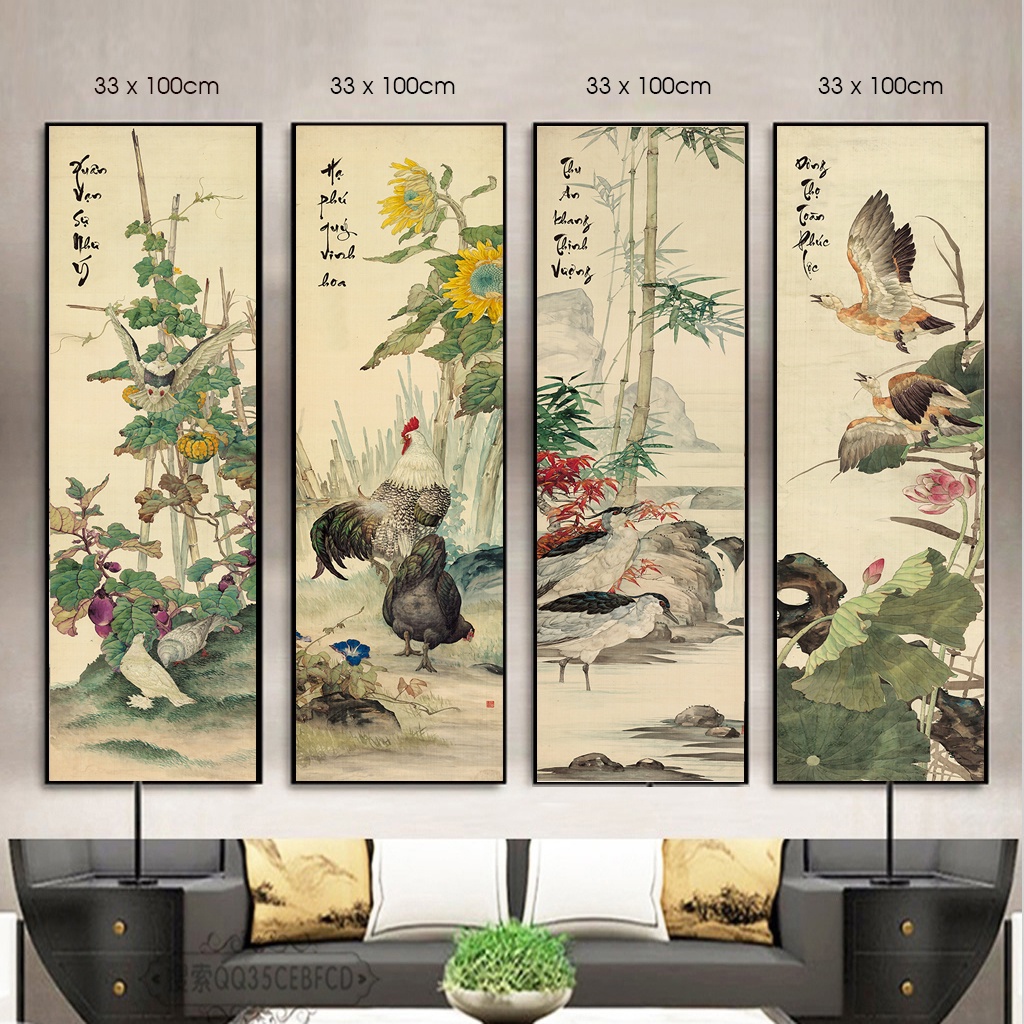 Tranh tứ quý treo tường, chất liệu vải Canvas nhập khẩu cao cấp , có khung nổi