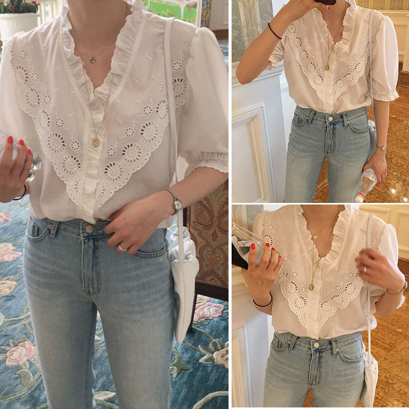 Korean Retro Women V-neck Ruffled Lace Bubble Sleeve Short Sleeve Shirt | BigBuy360 - bigbuy360.vn