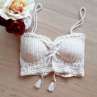 Áo len móc yếm ống thắt nơ Bikini len móc