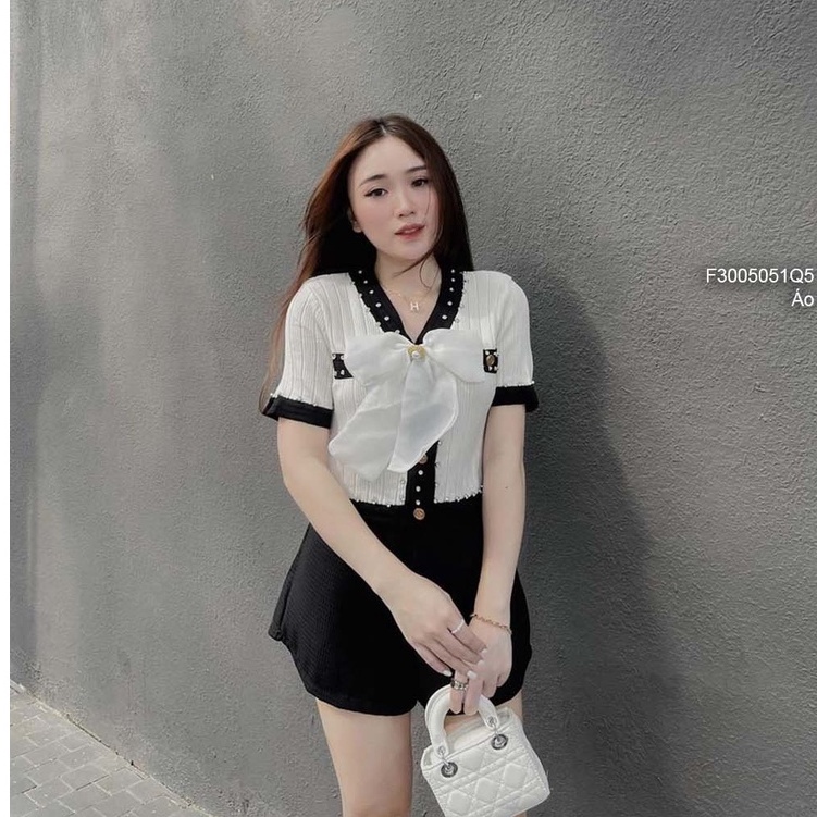 Áo len kiểu nút phối viền cổ tim tay con kèm nơ rời hàng QC!