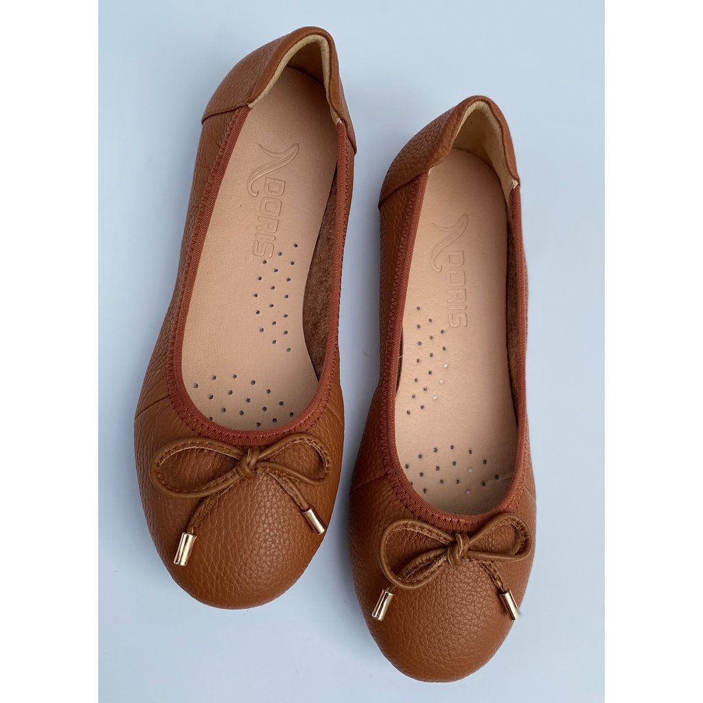 Giày búp bê ĐẾ BỆT  da thật SIÊU BỀN mũi tròn gắn nơ nhỏ màu bò DORIS DR007- CÓ BẢO HÀNH-CÓ SIZE 40.