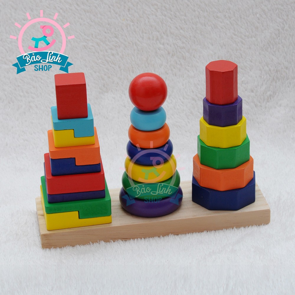 Tháp chồng 3 cọc montessori - Đồ chơi an toàn phát triển trí tuệ, rèn luyện tập trung, khéo léo cho bé 2 tuổi