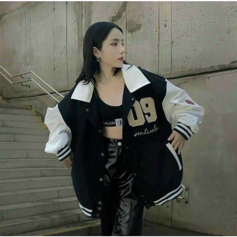 [ẢNH THẬT] Áo Khoác Bomber Unisex CỔ BẺ Chất Nhung Tăm Chống Nắng Thêu Số 09 ,Form Rộng Tay Bồng Đẹp Nam Nữ