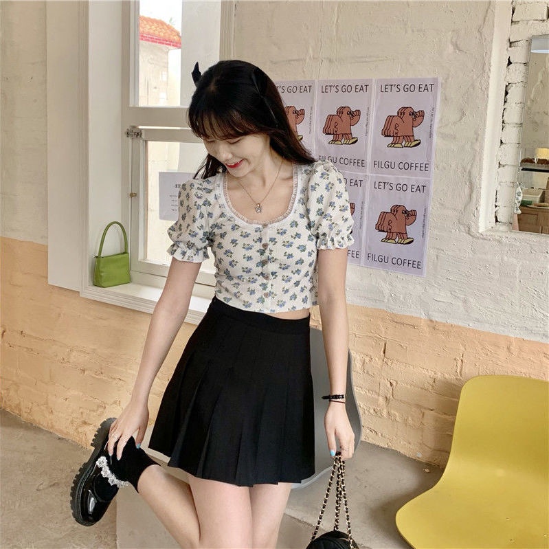 Áo Len Tăm Gân Tay Ngắn Phồng Hở Rốn In Họa Tiết Hoa Nhí Xinh Xắn Thời Trang Kiểu Pháp Cho Nữ | BigBuy360 - bigbuy360.vn