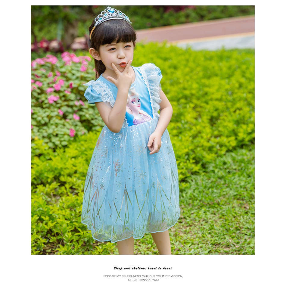 Váy Elsa Cho Bé Mẫu Mới Hãng AII Quảng Châu Ren Ngực In Hình Elsa Cao Cấp, Chất Cotton Đẹp (13-30kg)