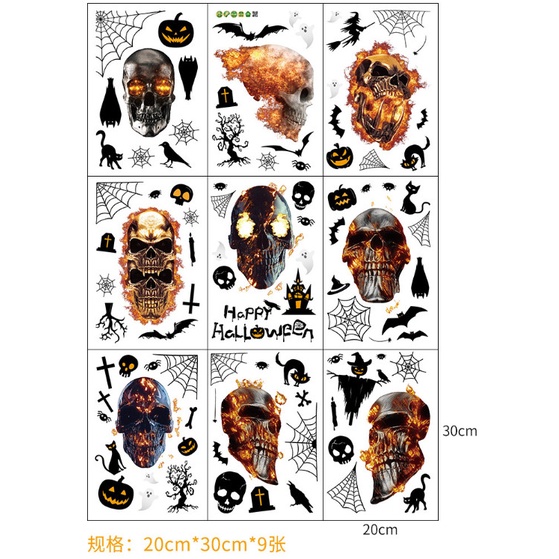 Decal trang trí Halloween hít tĩnh điện - Những chiếc đầu lâu lửa