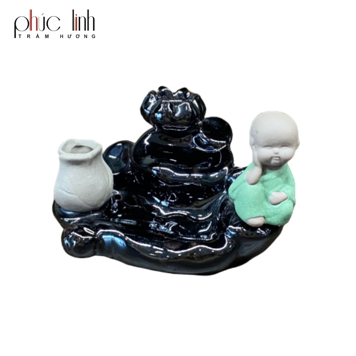 Xông Thác Khói Chú Tiểu-Bằng Sứ,Xanh Lá-Tặng Kèm Nụ Trầm Viên-Xông Nụ Trầm-Cao 6cm-Đường Kính 9cm