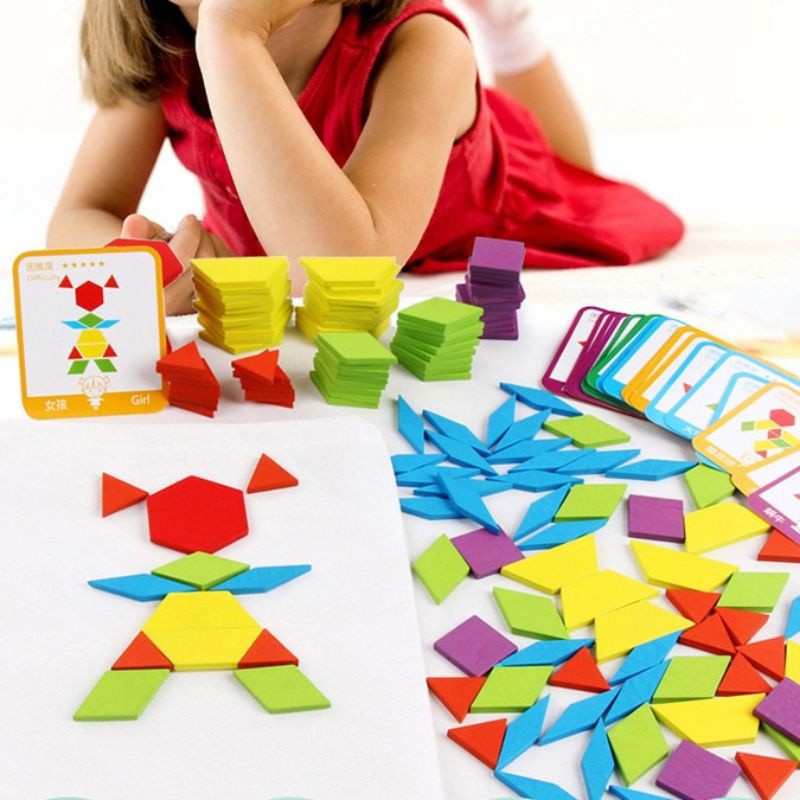 Đồ Chơi Gỗ Ghép Hình Khối Sáng Tạo Montessori Pattern Blocks Xếp Hình Tangram  J26