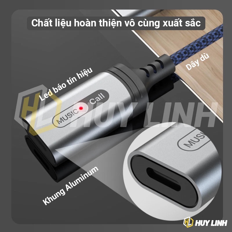 Cáp chuyển đổi Type-C MH306 mẫu xịn hỗ trợ chức năng Micro/Music Hifi cho điện thoại dây bọc dù có led đèn tín hiệu