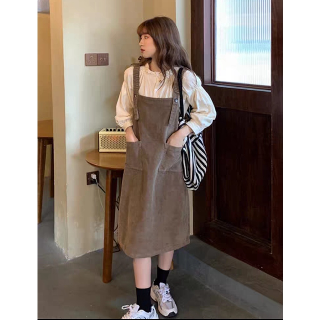 Yếm váy nhung tăm dáng dài dây vai chun phong cách ulzzang Hàn Quốc, đi học, đi chơi, đi làm
