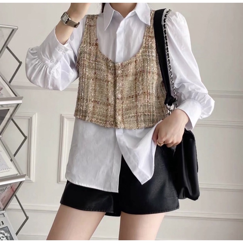 Áo sơmi trắng tay bồng mix gile vải tweed tiểu thư