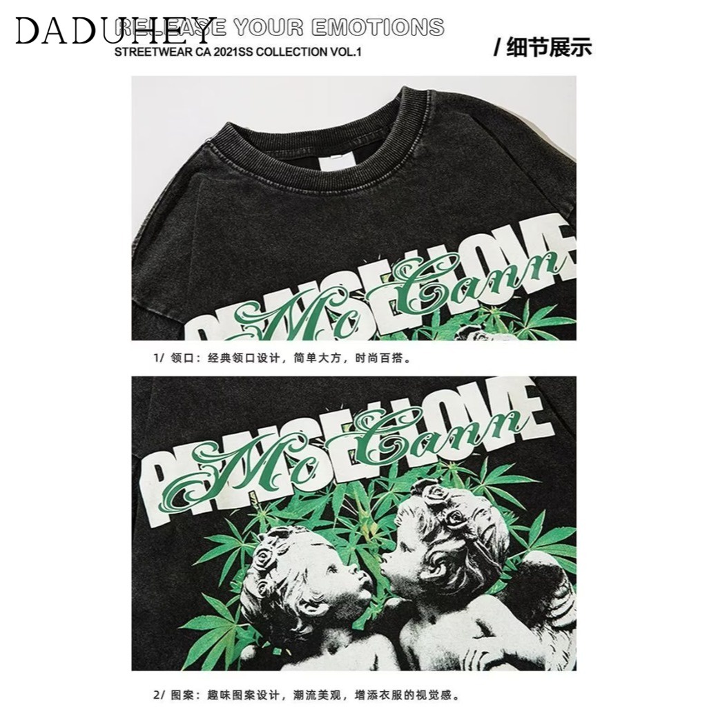 DaDuHey American Retro Worn Looking Washed-out Printed Long-Sleeved T-shirt Men's and Women's Ins Fashion Brand Couple Wear Street Fun Top