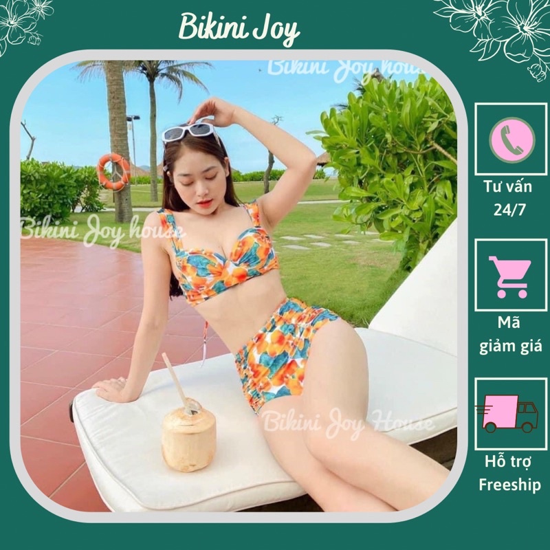 [ ẢNH THẬT + CHẤT ĐẸP ] Đồ bơi nữ, bikini 2 mảnh set 3 món, bikini cúp ngực hoa màu cam quyến rũ