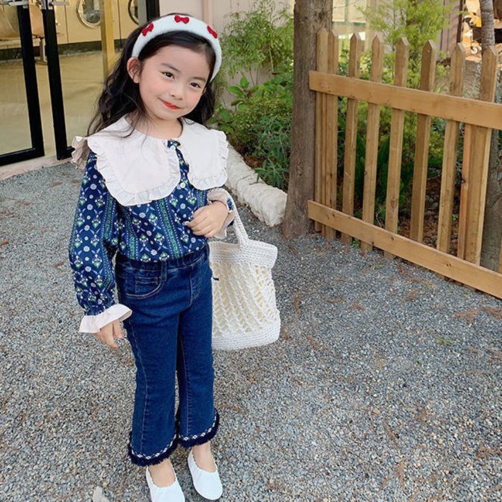 Set Áo Sơ Mi Hoa + Quần Jeans Ống Loe Phong Cách Hàn Quốc Cho Bé Gái