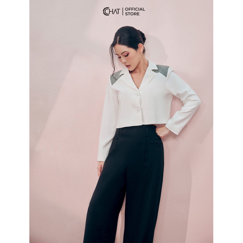 Áo Blazer Nữ 𝐂𝐂𝐇𝐀𝐓 Phối Vai Dáng Ngắn Chất Tuytsi Cao Cấp 22EHS8004ST