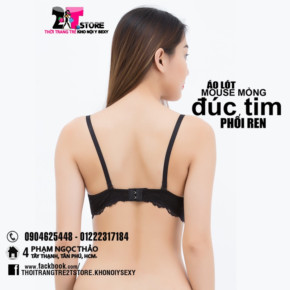 Áo Nâng Ngực Mouse Mỏng Đúc Tim Phối Ren (Đen)