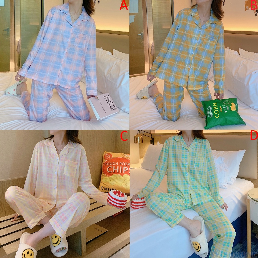 Bộ Đồ Ngủ Tay Dài Vải Cotton In Họa Tiết Caro Xinh Xắn Cho Nữ
