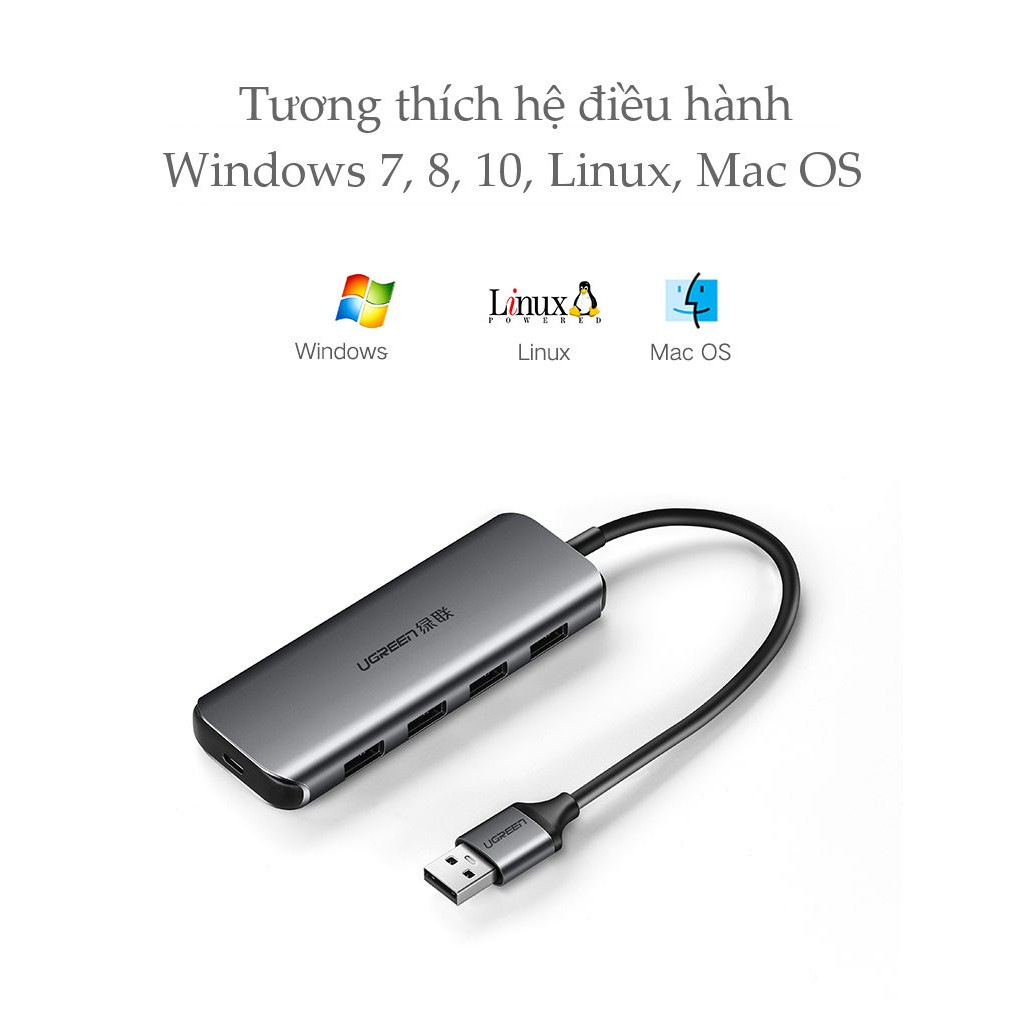 Bộ chia USB 3.0 ra 4 cổng UGREEN 50768 vỏ nhôm, dài 15cm, hỗ trợ đọc ổ cứng HDD, SSD lên tới 6TB