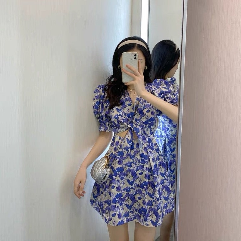 Đầm Hoa Dáng Ôm Cột Nơ Phong Cách Hàn Quốc Thời Trang Xinh Xắn Cho Nữ