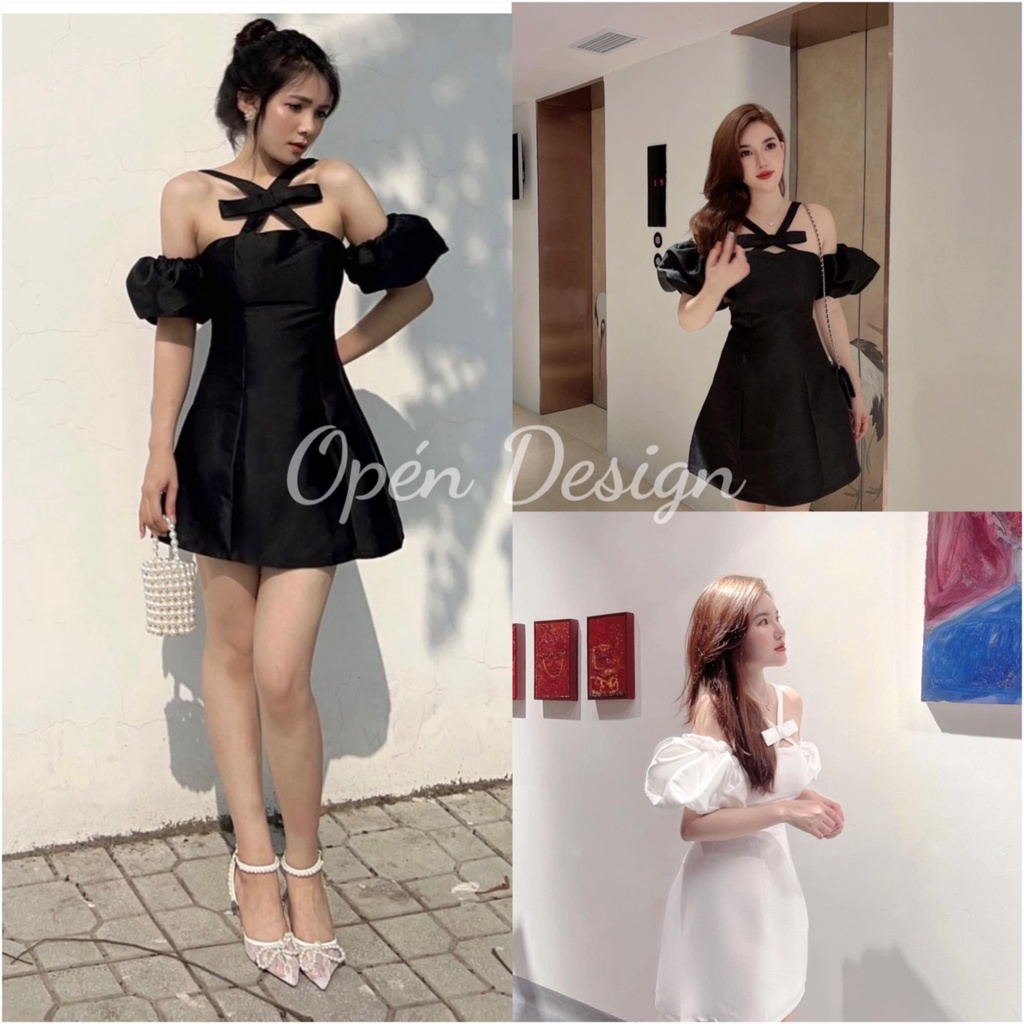 Đầm/ Váy Cúp Ngực Cổ Nơ Tay Bồng 2 Màu Đen/ Trắng