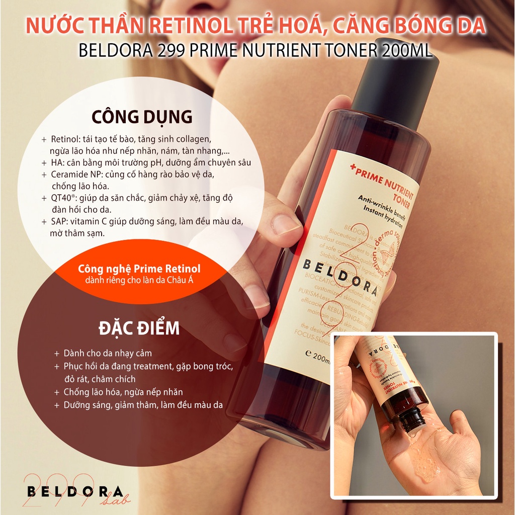 NƯỚC THẦN RETINOL TRẺ HOÁ CĂNG BÓNG DA BELDORA 299 PRIME NUTRIENT TONER 200ML