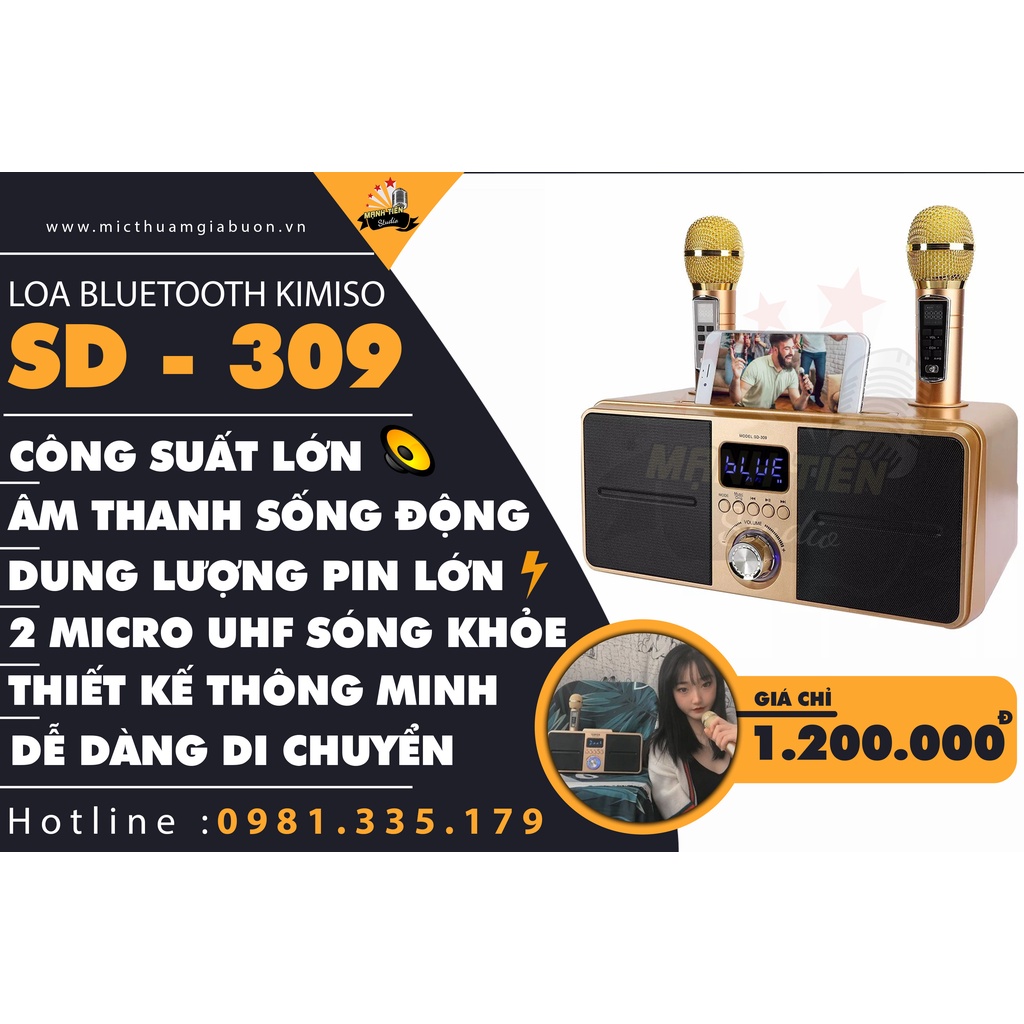 Loa karaoke bluetooth SD-309 tặng kèm 2 micro cao cấp có 6 chế độ âm thanh, màn hình LED bảo hành 12 tháng