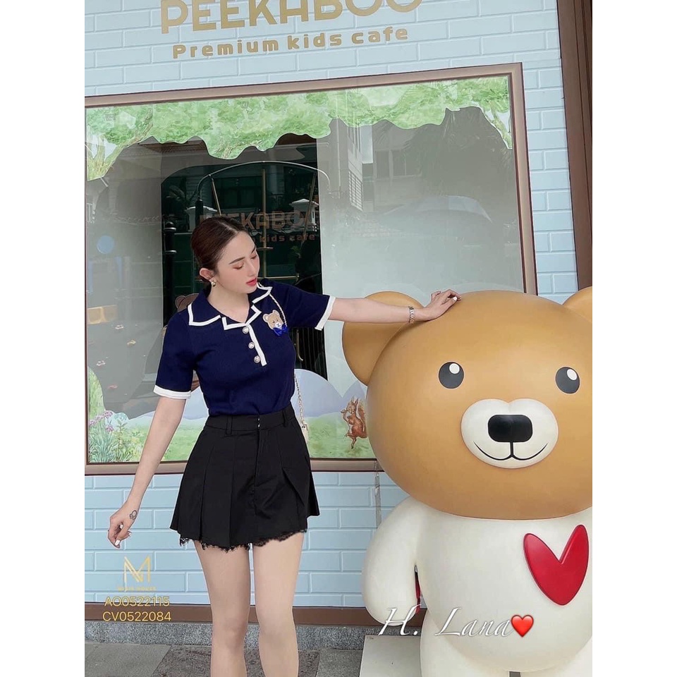 [L2M] Áo len nữ Montoghi dệt kim Quảng Châu cổ bẻ thêu hình GẤU nổi đính kèm NƠ xinh xắn thanh lịch và dễ thương