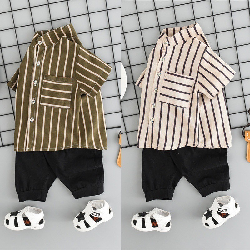 Set áo sơ mi kẻ sọc + quần ngắn thời trang cho bé trai