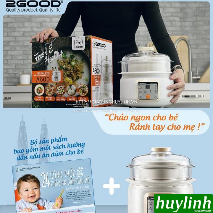 Nồi hầm chậm, chưng yến, nấu cách thuỷ 2Good A600 - 1.5 lít - 2 tầng