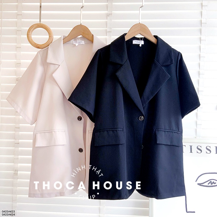 Áo blazer khoác vest tay ngắn túi nấp trơn kem, đen THOCA HOUSE may thiết kế, chuẩn form phù hợp mọi lứa tuổi