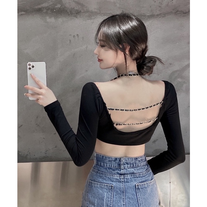 Áo croptop tay dài hở lưng phối xích ôm body sexy, áo vạt chéo ôm body A282