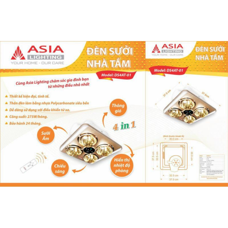 Đèn sưởi nhà tắm âm trần có điều khiển từ xa ASIA 4 chức năng sưởi ấm, hút mùi, chiếu sáng, báo nhiệt độ phòng.