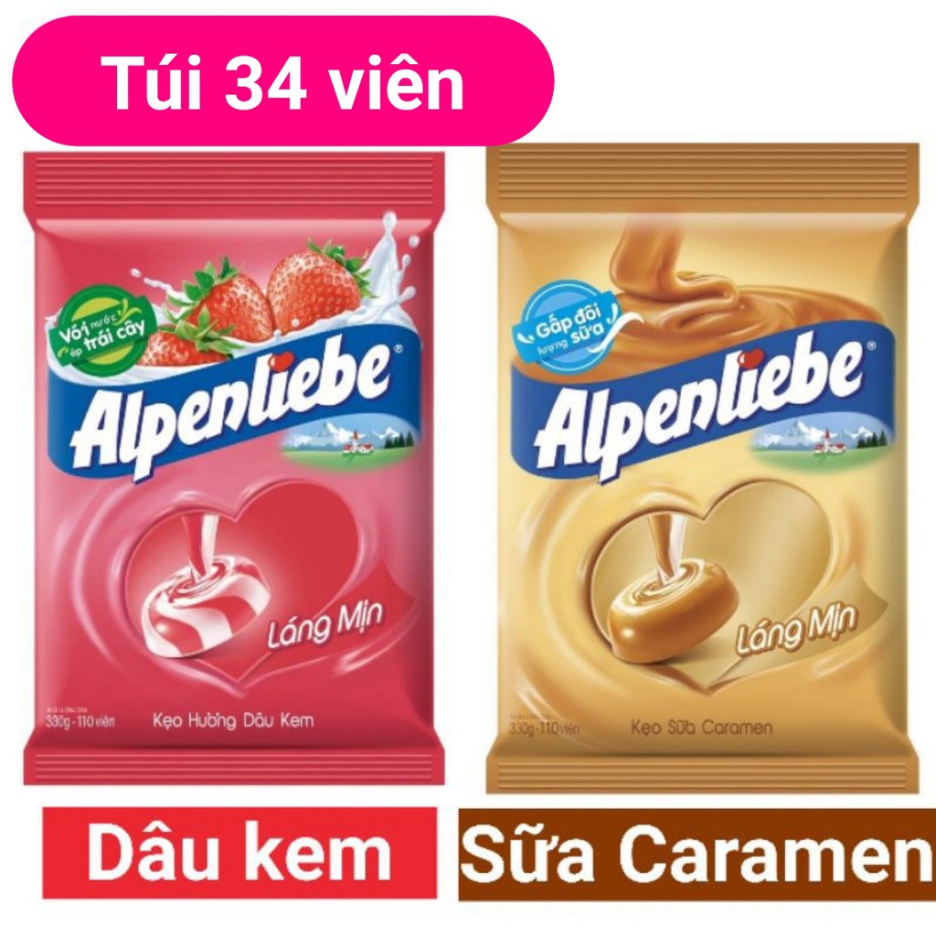 Túi 34 viên Túi kẹo Alpenliebe Vị Dâu Kem Sữa Caramen Cà phê dừa Matcha dâu