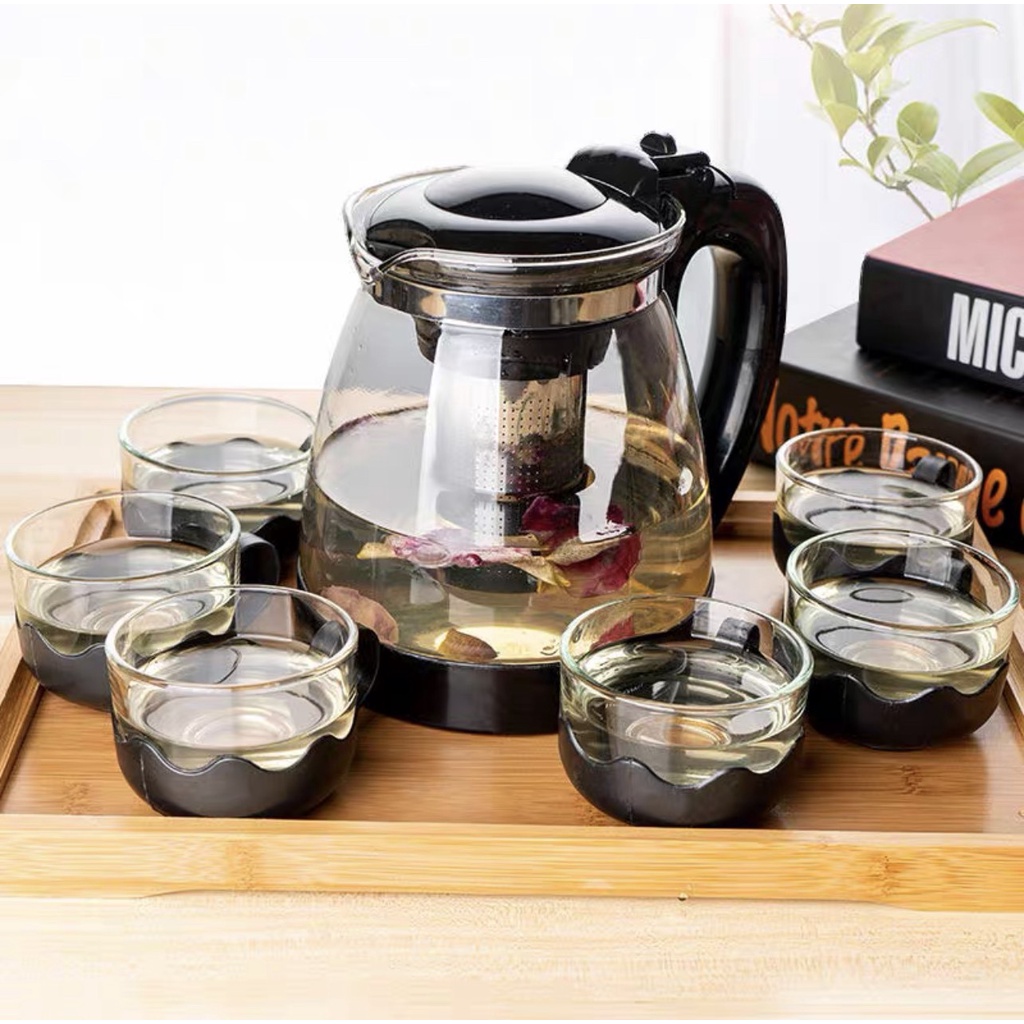 Bộ ấm pha trà kèm 4 ly cốc thủy tinh có lưới lọc inox đẹp sang trọng pha chế cafe tiện lợi 2in1 đẳng cấp