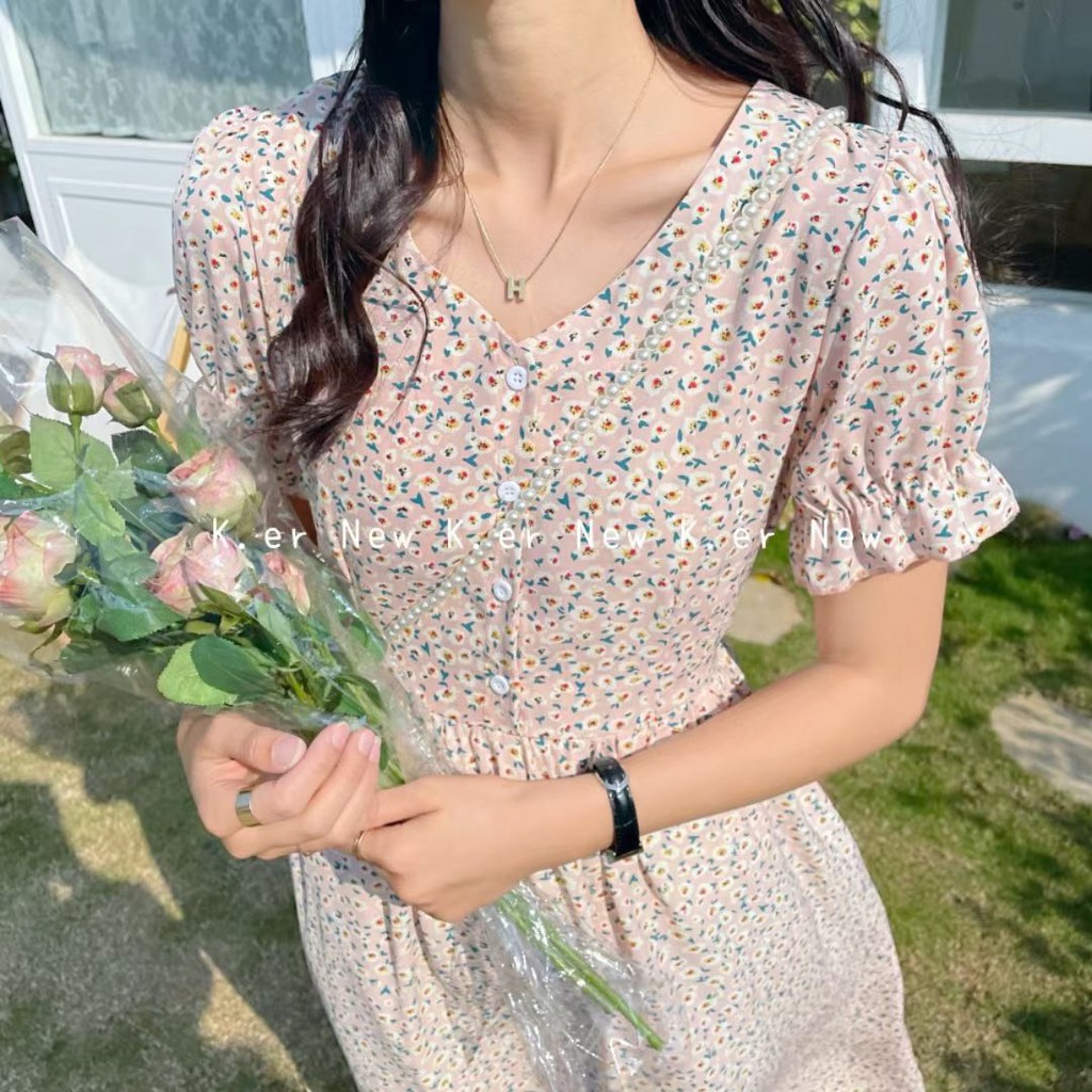 Váy hoa nhí cổ V tay chun dáng dài qua gối VKE1017 Ulzzang style🌻 Hàng Quảng Châu!!!