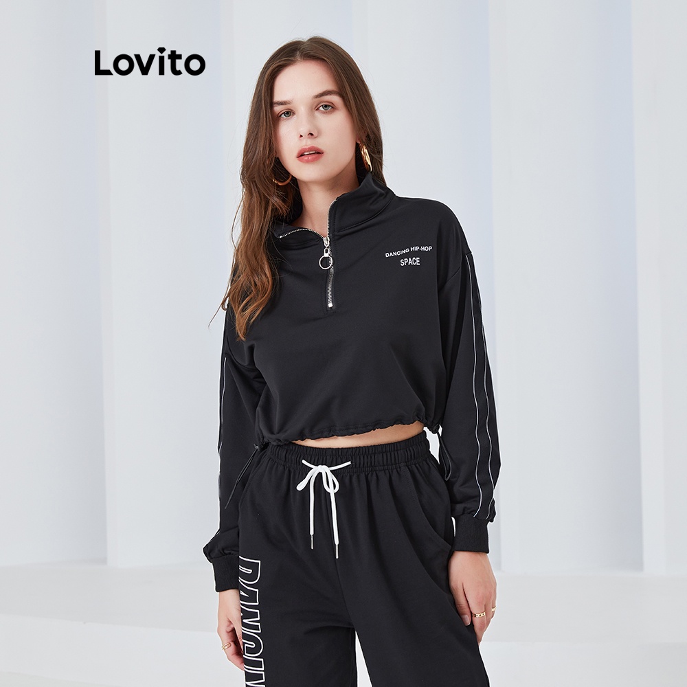 Áo sweatshirt thể thao Lovito dáng rộng dây rút có khoá kéo in họa tiết chữ L04072 (màu đen) | BigBuy360 - bigbuy360.vn