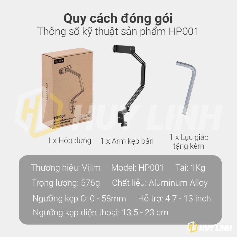 Vijim HP001 | Arm kẹp điện thoại máy tính bảng bằng kim loại chắc chắn đi kèm chữ C kẹp cạnh bàn