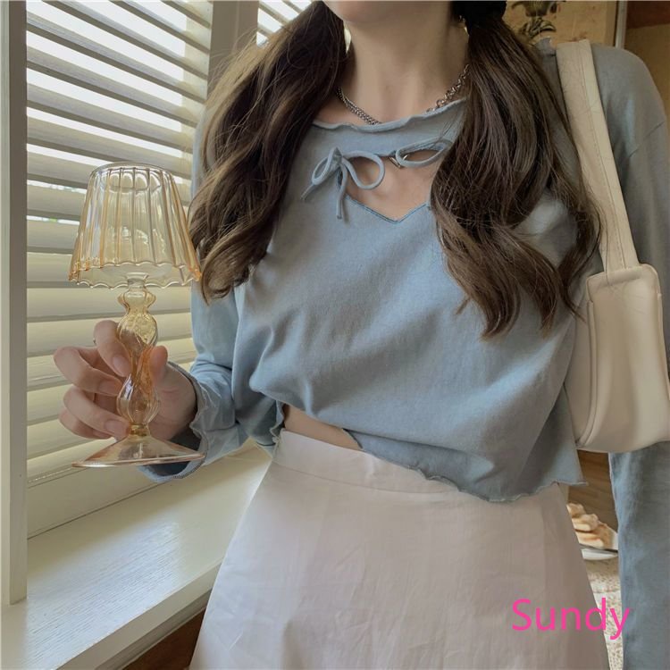 Plus Áo Thun Tay Dài Đính Nơ Kiểu Hàn Quốc Thời Trang Mùa Thu Cho Nữ