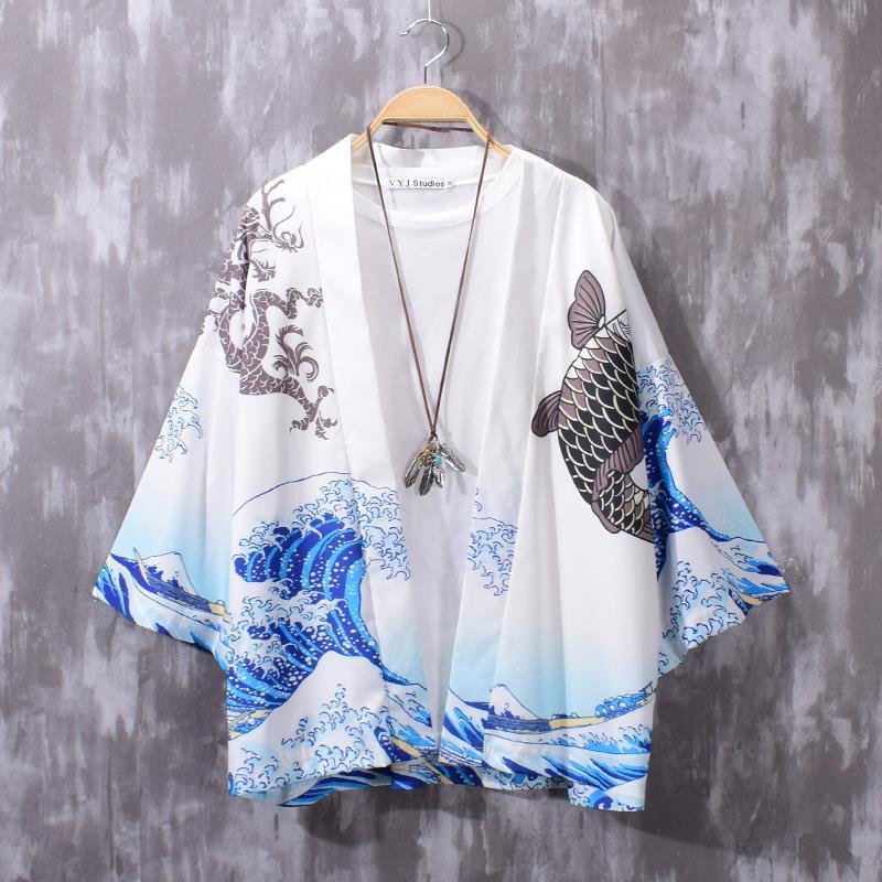 Áo Khoác Kimono In Hình Rồng Vintage Cho Nam 3 / 4 8gsm