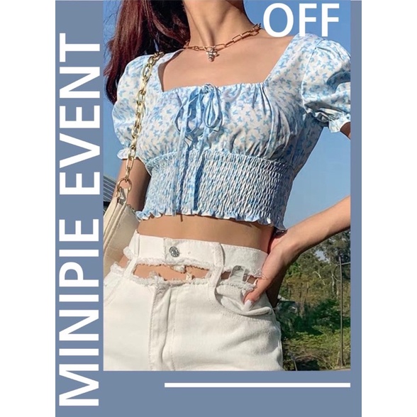 (Có Sẵn) Áo Croptop cổ vuông họa tiết butterfly thời trang mùa hè dành cho nữ Minipie
