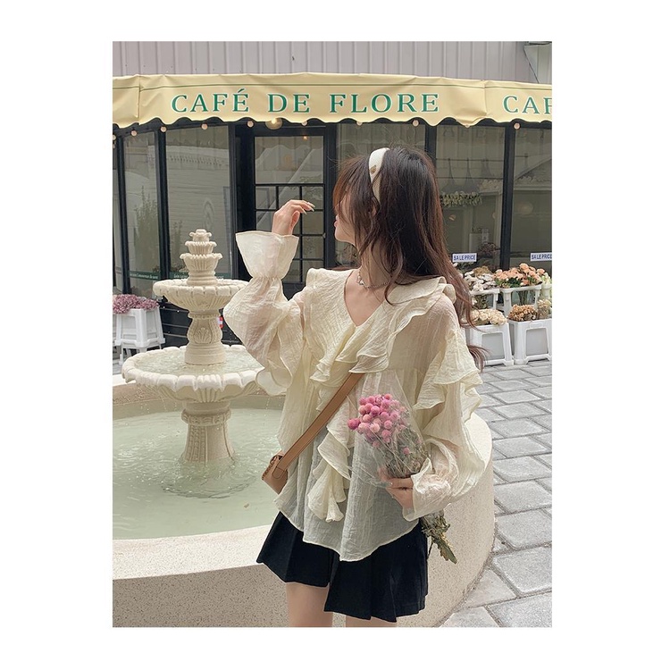 Áo Sơ Mi chiffon Tay Dài Phồng Cổ Chữ v Thời Trang Xuân Hè 2022 Mới Dành Cho Bạn Nữ