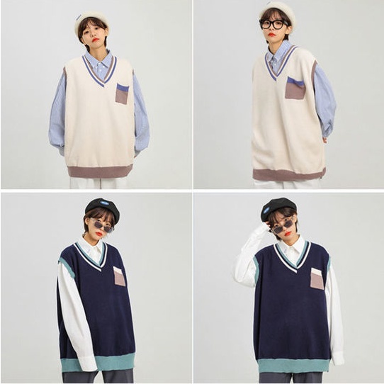 Áo sweater dệt kim không tay phối màu tương phản kiểu vintage Nhật Bản | BigBuy360 - bigbuy360.vn
