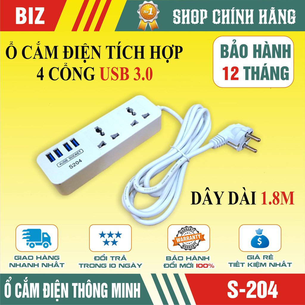 Ổ cắm điện đa năng tích hợp 4 cổng sạc USB 5V-4A - Bảo hành 12 tháng!!!