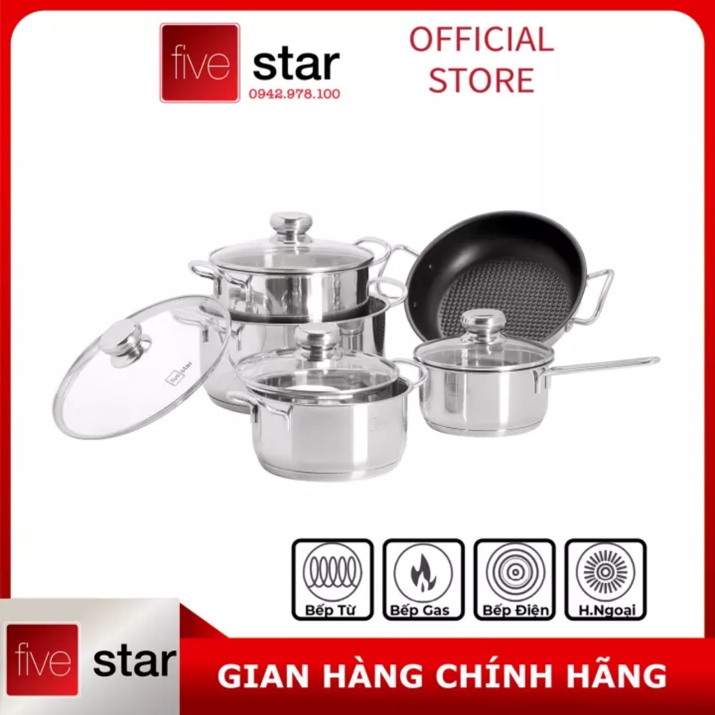 Bộ Nồi 5 Đáy Cao Cấp Bếp Từ Fivestar FSB55D001 Nắp Kính Inox 430.Tặng 1 vá canh inox