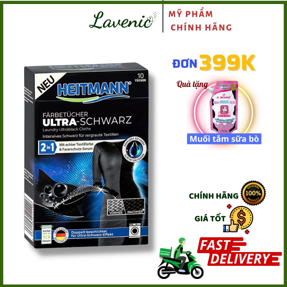 Hộp 10 tờ Giấy giặt đen quần áo Heitmann tái tạo màu đen, Hàng Đức - Shop Lavenic