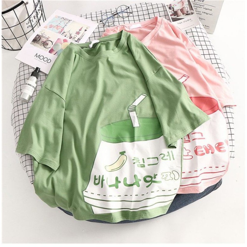 áo thun tay lỡ nam nữ form rộng chất cotton thấm hút mồ hôi in hình chai sữa