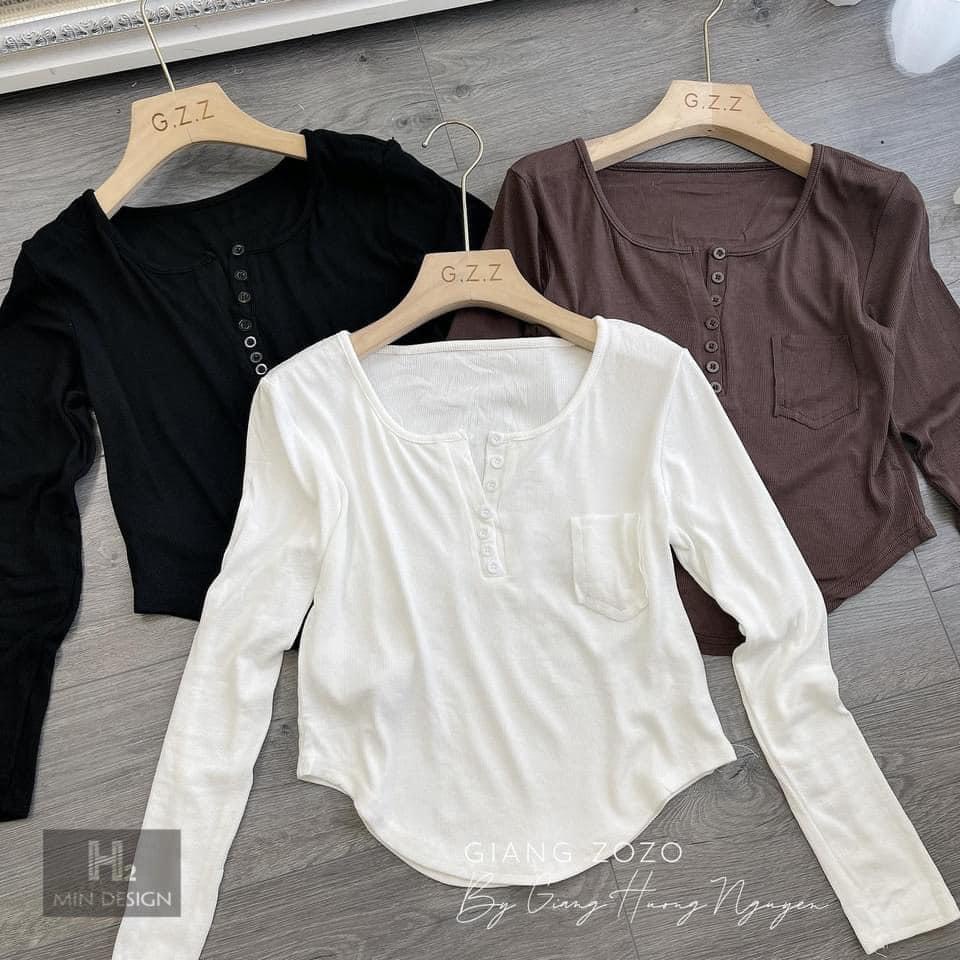 Áo pull cổ tròn dài tay cúc ngực áo kiểu nữ