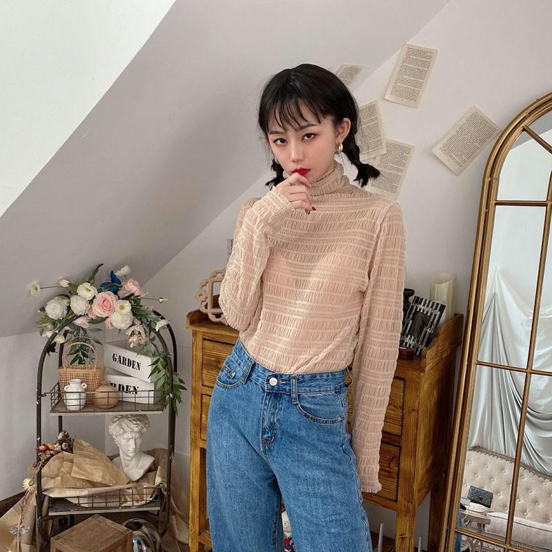 Áo Lưới Tay Dài Cổ Lọ Phong Cách Hàn Quốc Quyến Rũ Cho Nữ